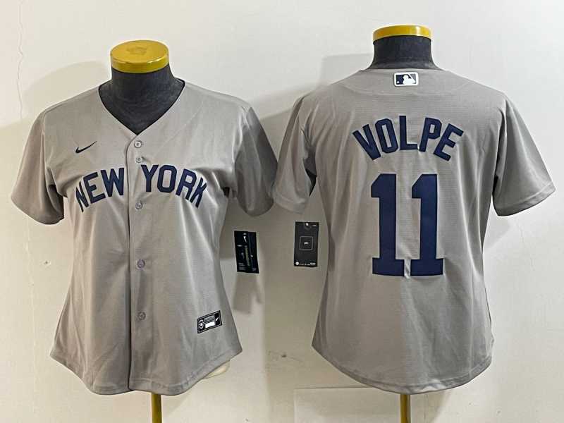 Womens New York Yankees #11 Anthony Volpe Name 2021 Grey Field of Dreams Cool Base Stitched Jersey